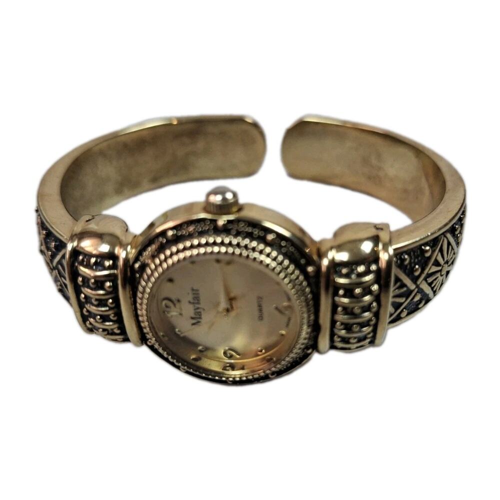 Vintage Mayfair Women Cuff Watch Gold Tone Ornate Bangle Accutime 416 RUNNING...